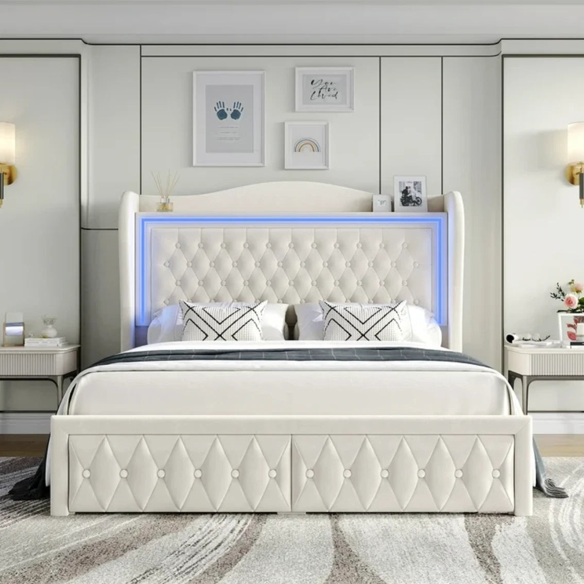 Marco De Cama Plataforma Con Almacenaje LED Luz Cabecera Tapizada Velvet Queen