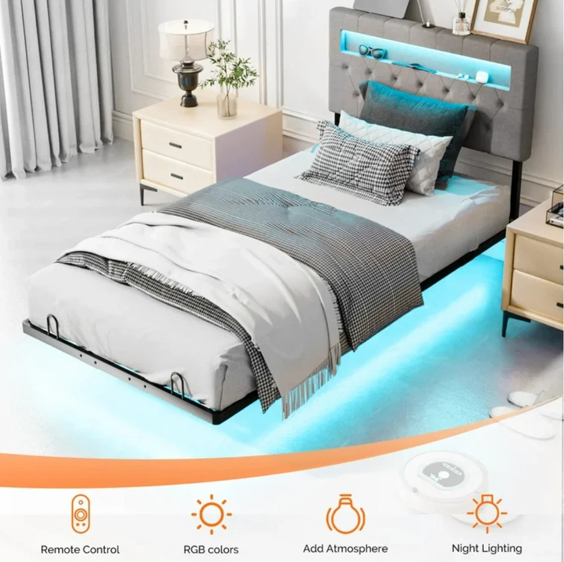 Twin Floating Bed Frame w/ LED Cama Twin con Luz LED Plataforma Gris NEW