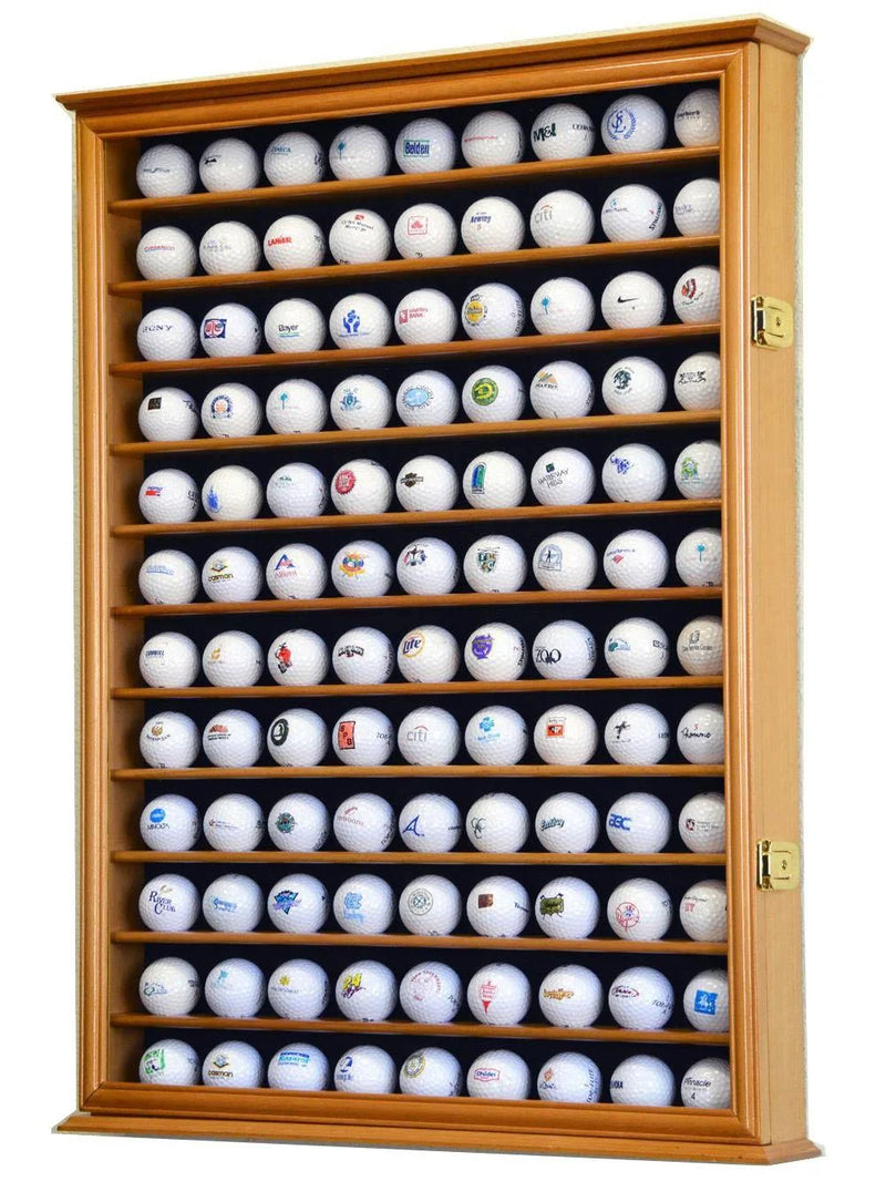 Golf Ball Display Case 108+ PGA Clubhouse Solid Wood Wall Cabinet Rack Lock Holder