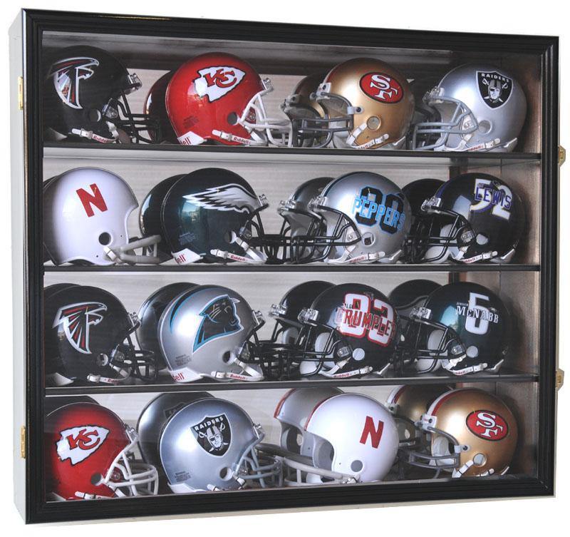 16 Mini Helmet Display Case Cabinet - Wall Mount with Mirror Back & UV Protection