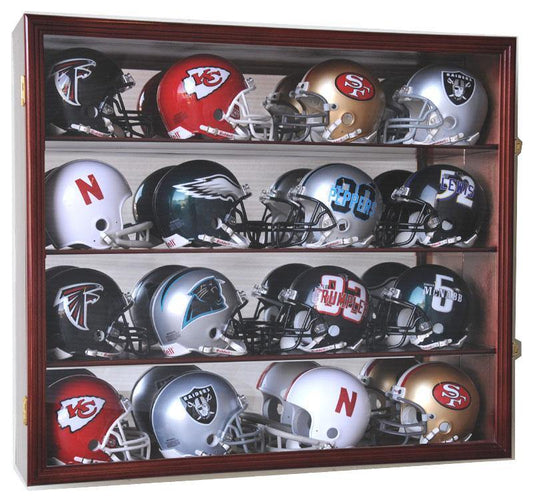 16 Mini Helmet Display Case Cabinet - Wall Mount with Mirror Back & UV Protection