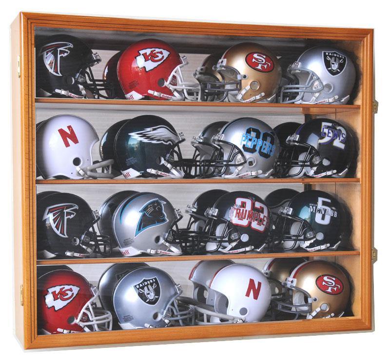 16 Mini Helmet Display Case Cabinet - Wall Mount with Mirror Back & UV Protection