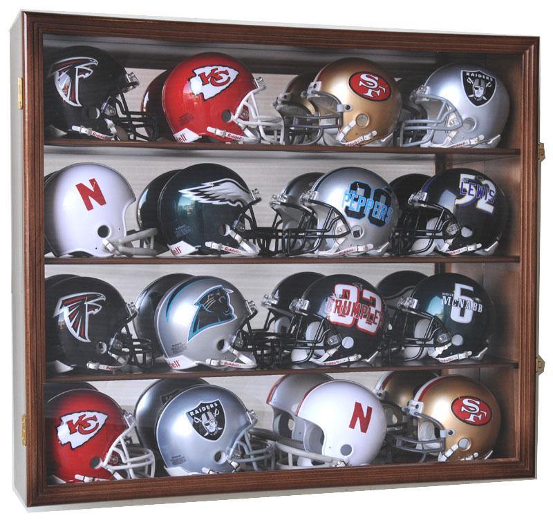 16 Mini Helmet Display Case Cabinet - Wall Mount with Mirror Back & UV Protection