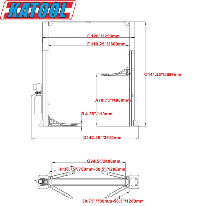 Katool Two Post Clear Floor Car Lift KT-M110 11000 lb Symmetric 220V