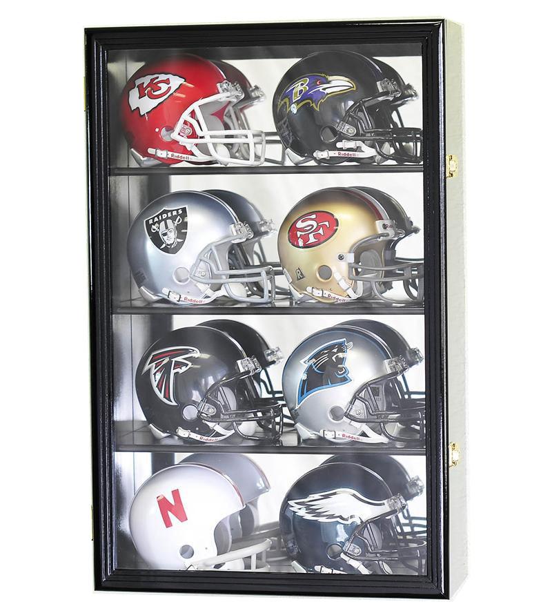 8 Mini Helmet Display Case Cabinet - Wall Mount with Mirror Back & UV Protection