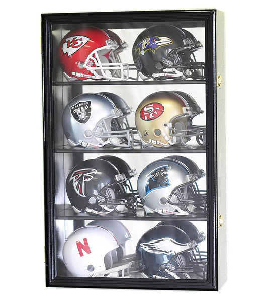 8 Mini Helmet Display Case Cabinet - Wall Mount with Mirror Back & UV Protection