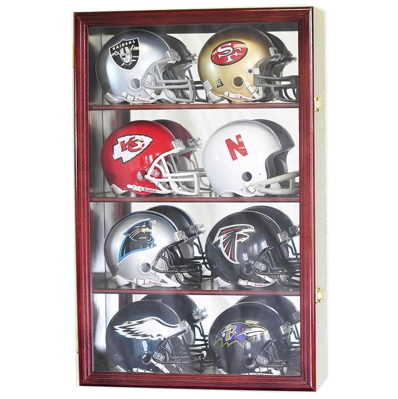 8 Mini Helmet Display Case Cabinet - Wall Mount with Mirror Back & UV Protection