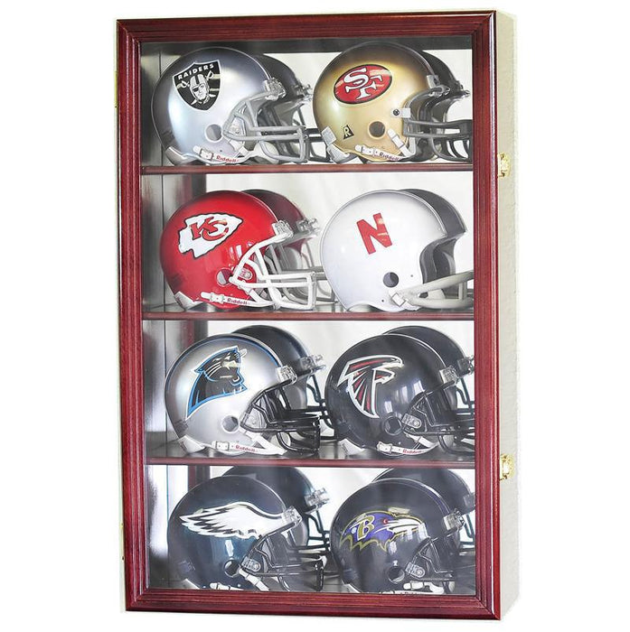 8 Mini Helmet Display Case Cabinet - Wall Mount with Mirror Back & UV Protection