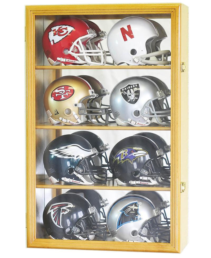 8 Mini Helmet Display Case Cabinet - Wall Mount with Mirror Back & UV Protection