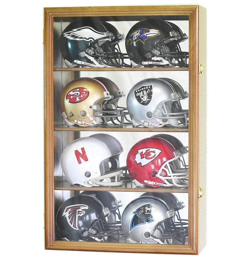 8 Mini Helmet Display Case Cabinet - Wall Mount with Mirror Back & UV Protection