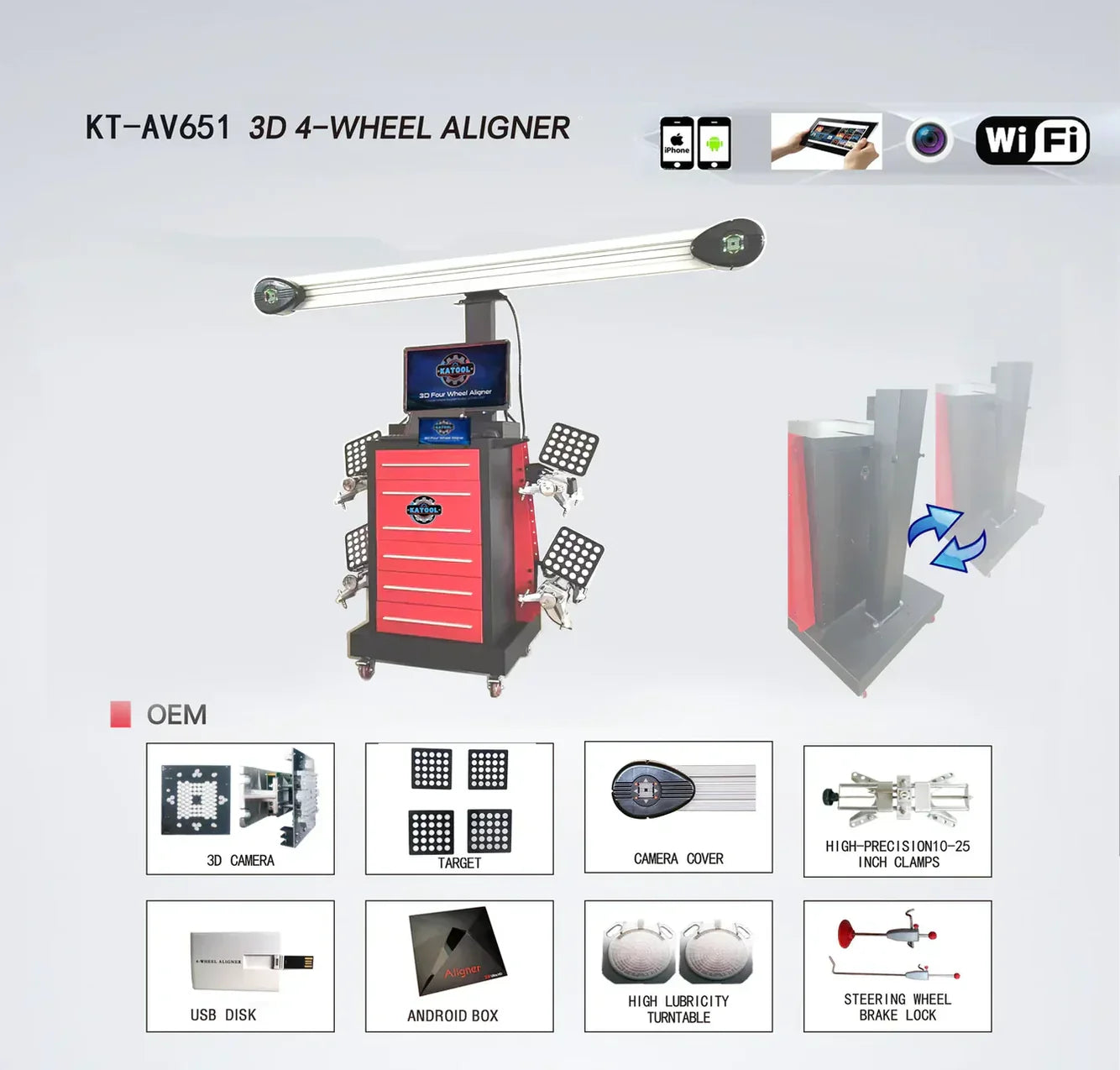 Katool AV651 Mobile 3D Wheel Alignment Machine 2 Post and Scissor Lift