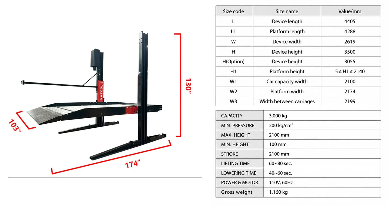 Katool Two Post Hydraulic Parking Storage Lift KT-P2700 6600 lb 82in