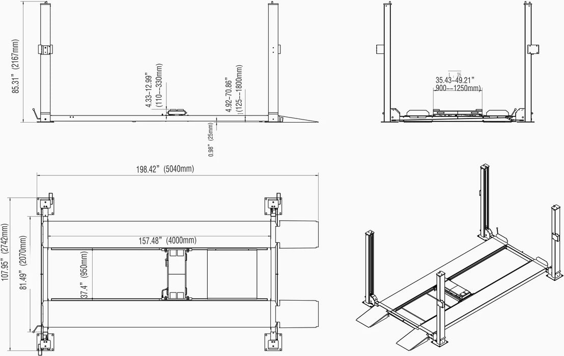 Katool KT 4H850 8500 lb Four Post Car Lift Storage Service Caster Kit
