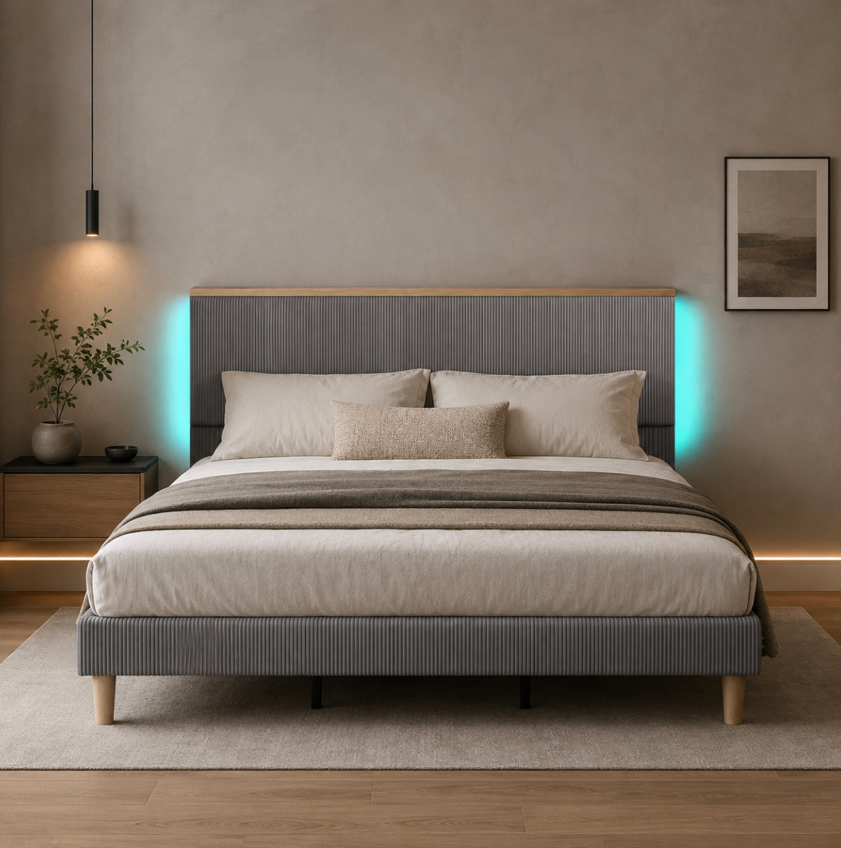 Cama King LED Tapizada Plataforma Storage Adjustable King Size Bed Frame