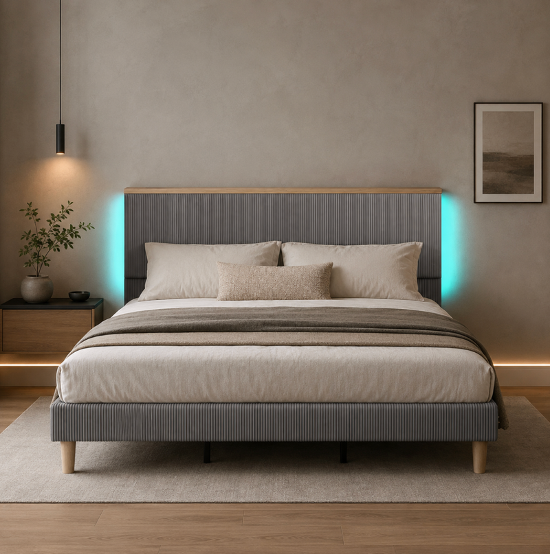 Cama King LED Tapizada Plataforma Storage Adjustable King Size Bed Frame
