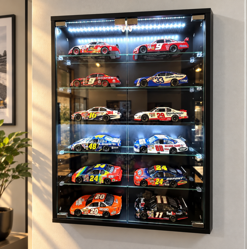 Car Display Case 1/24 Diecast Model LED Light Minifigures NASCAR Wall Cabinet