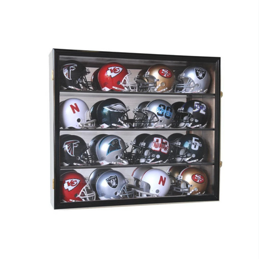 16 Mini Helmet Display Case Cabinet - Wall Mount with Mirror Back & UV Protection