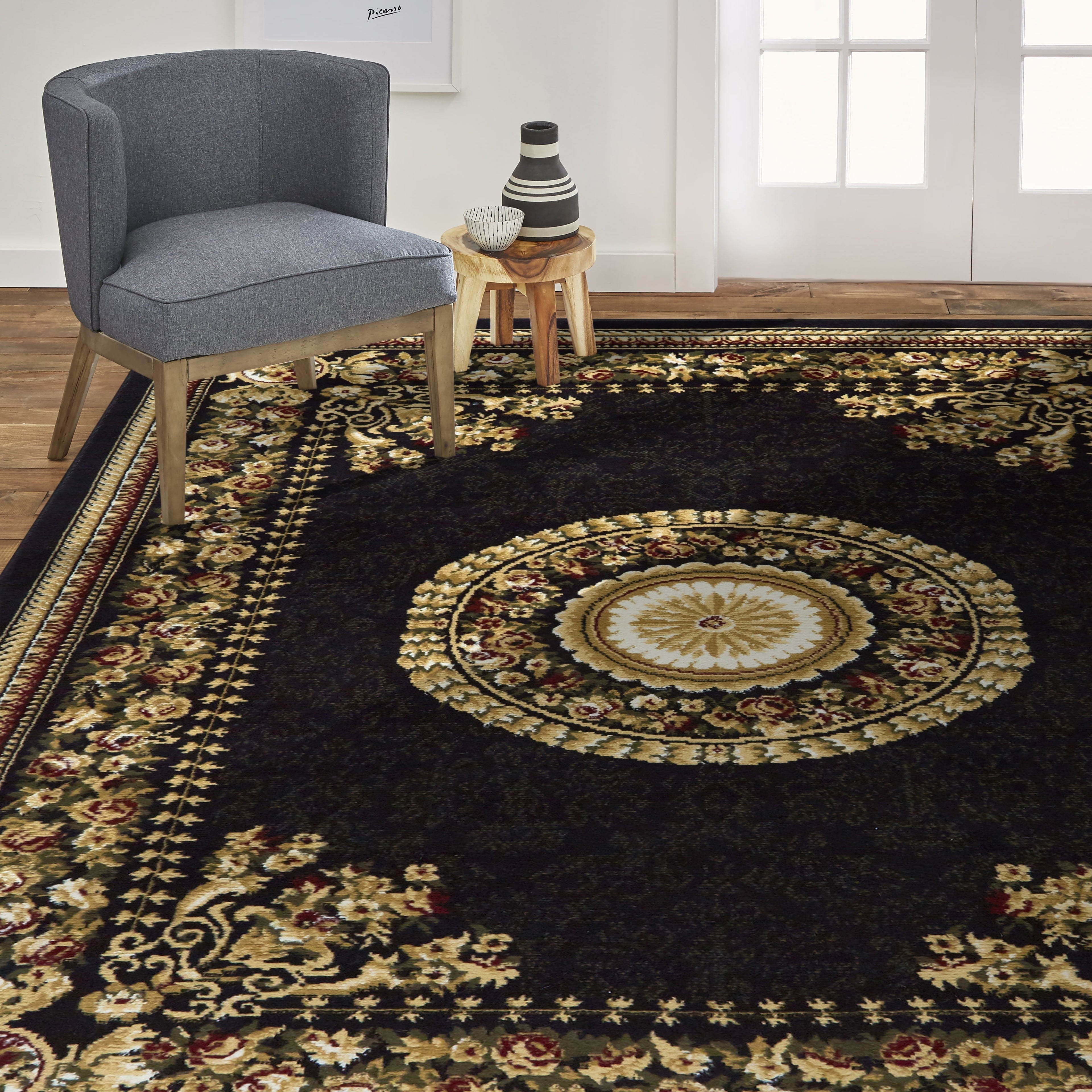 5'x7' Area Rugs Indoor Traditional Bordered Floral Medallion Design Black/Beige Tapete Alfombra Para Sala