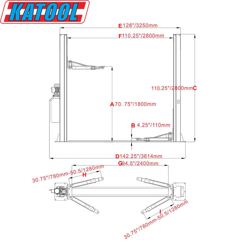 Katool KT H-100 10,000 lb CE Certified Symmetric Two Post Car Lift 220V