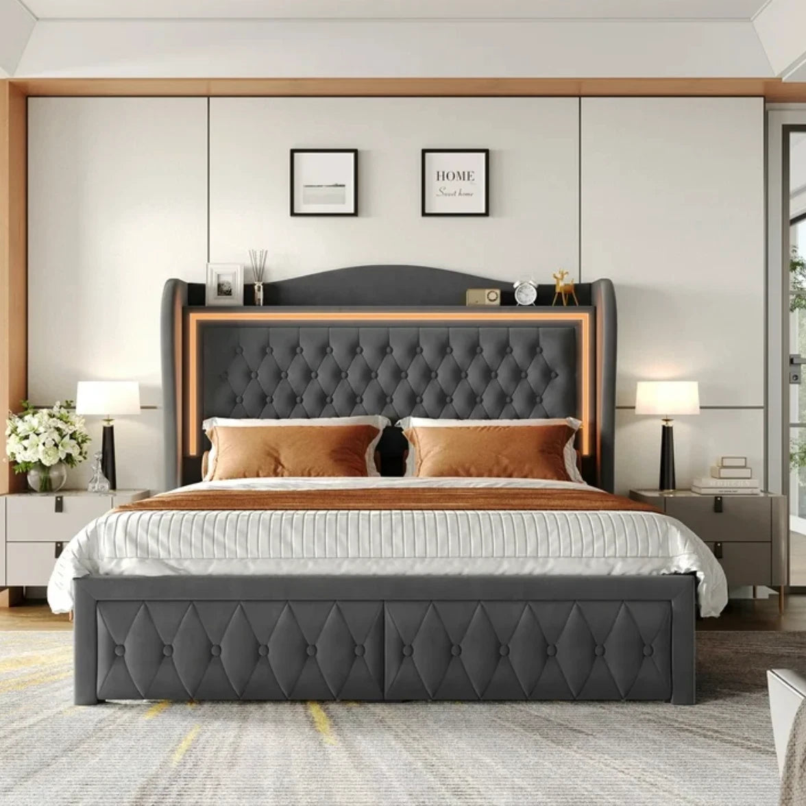Marco De Cama Plataforma Con Almacenaje LED Luz Cabecera Queen Tapizada Velvet