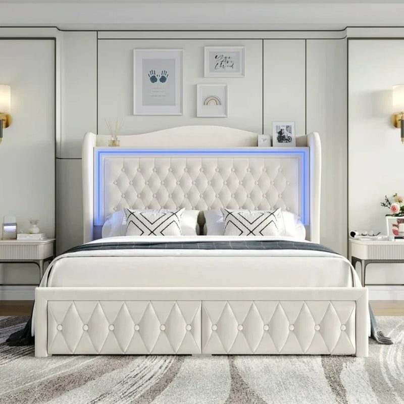Marco De Cama Plataforma Con Almacenaje LED Luz Cabecera Tapizada Velvet Queen