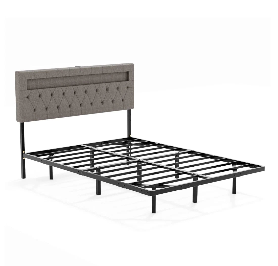 Full Floating Bed Frame w/ LED Cama Full con Plataforma Gris con Luz LED