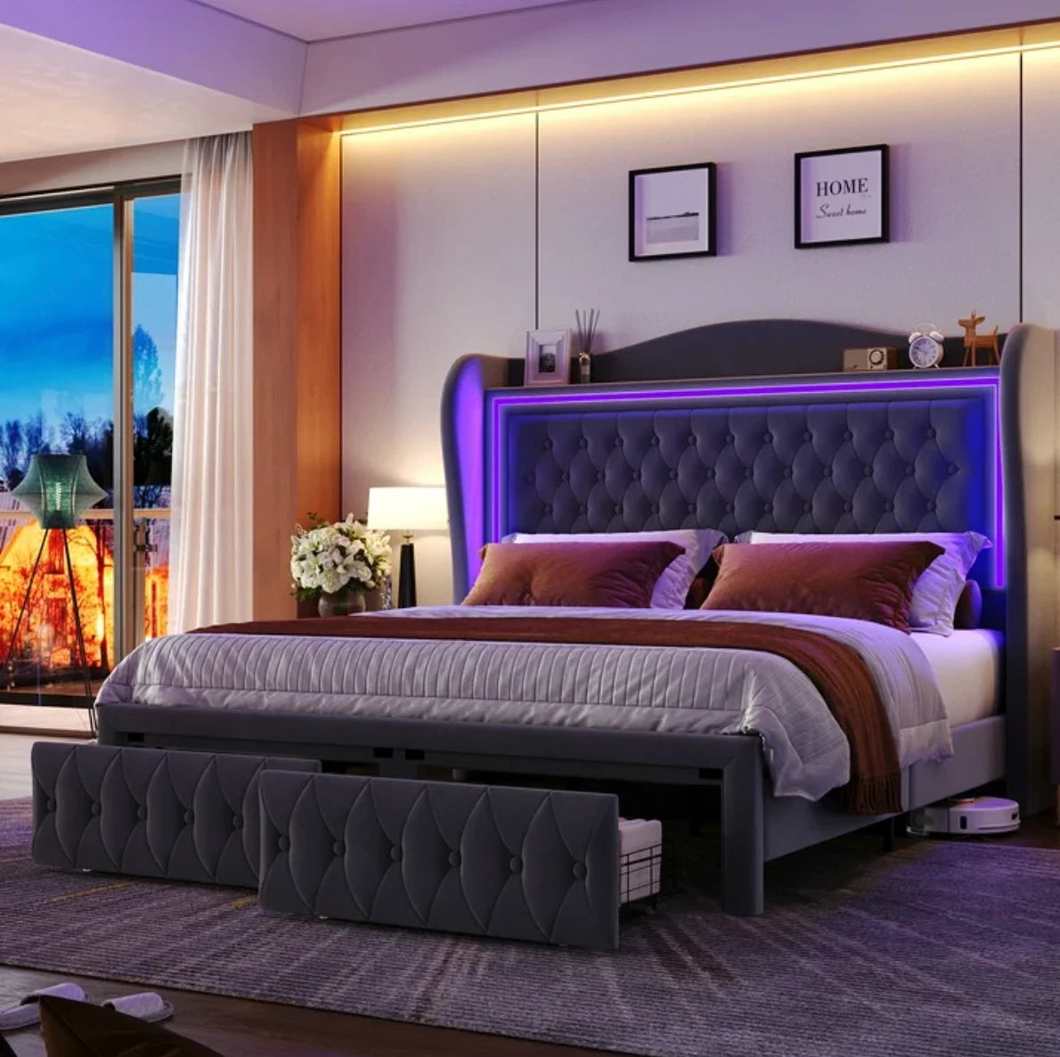 Marco De Cama Plataforma Con Almacenaje LED Luz Cabecera Queen Tapizada Velvet