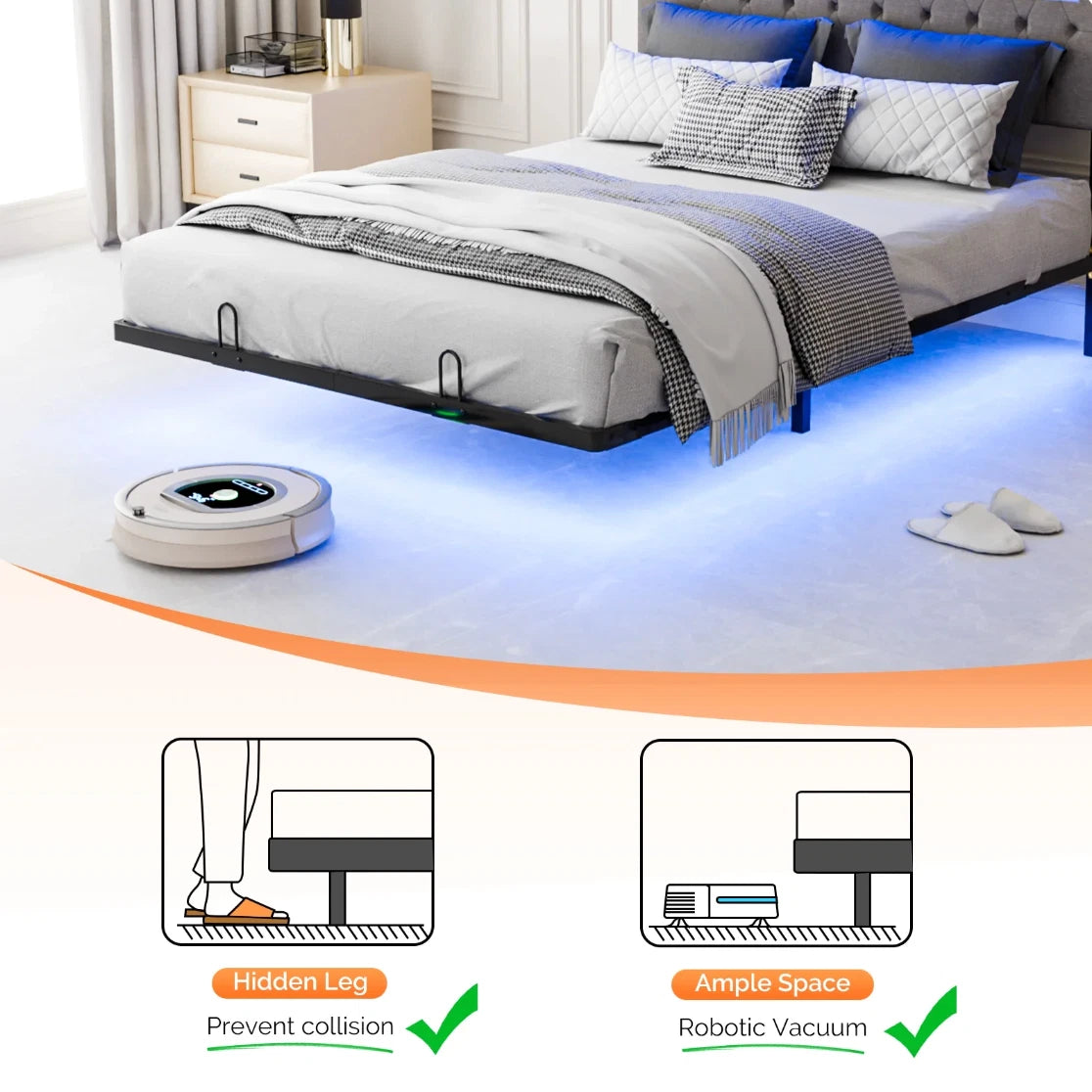 Full Floating Bed Frame w/ LED Cama Full con Plataforma Gris con Luz LED