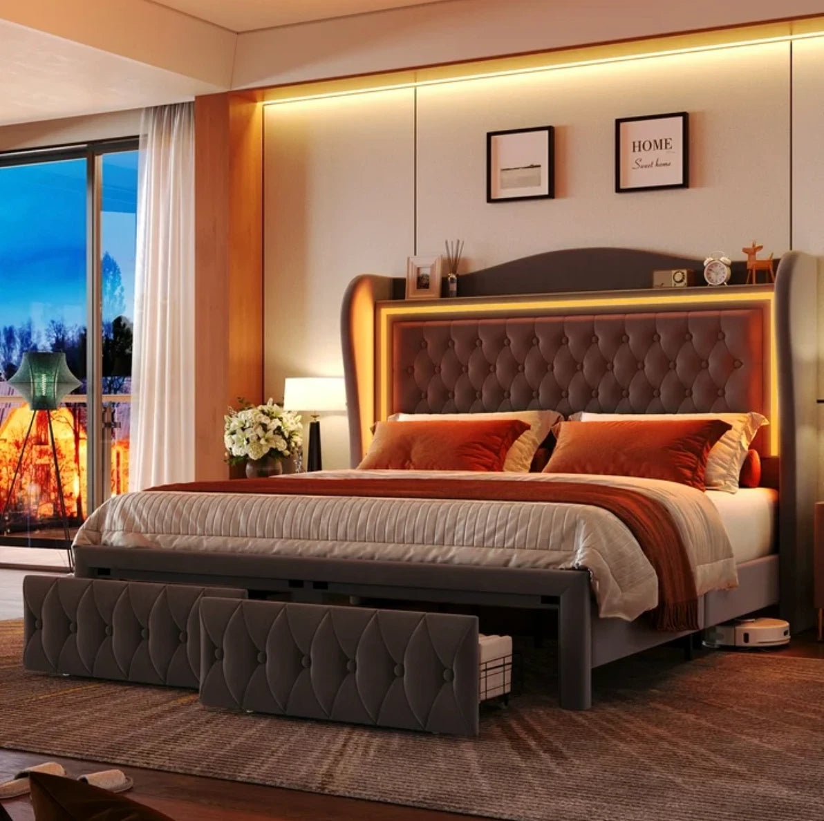 Marco De Cama Plataforma Con Almacenaje LED Luz Cabecera Queen Tapizada Velvet