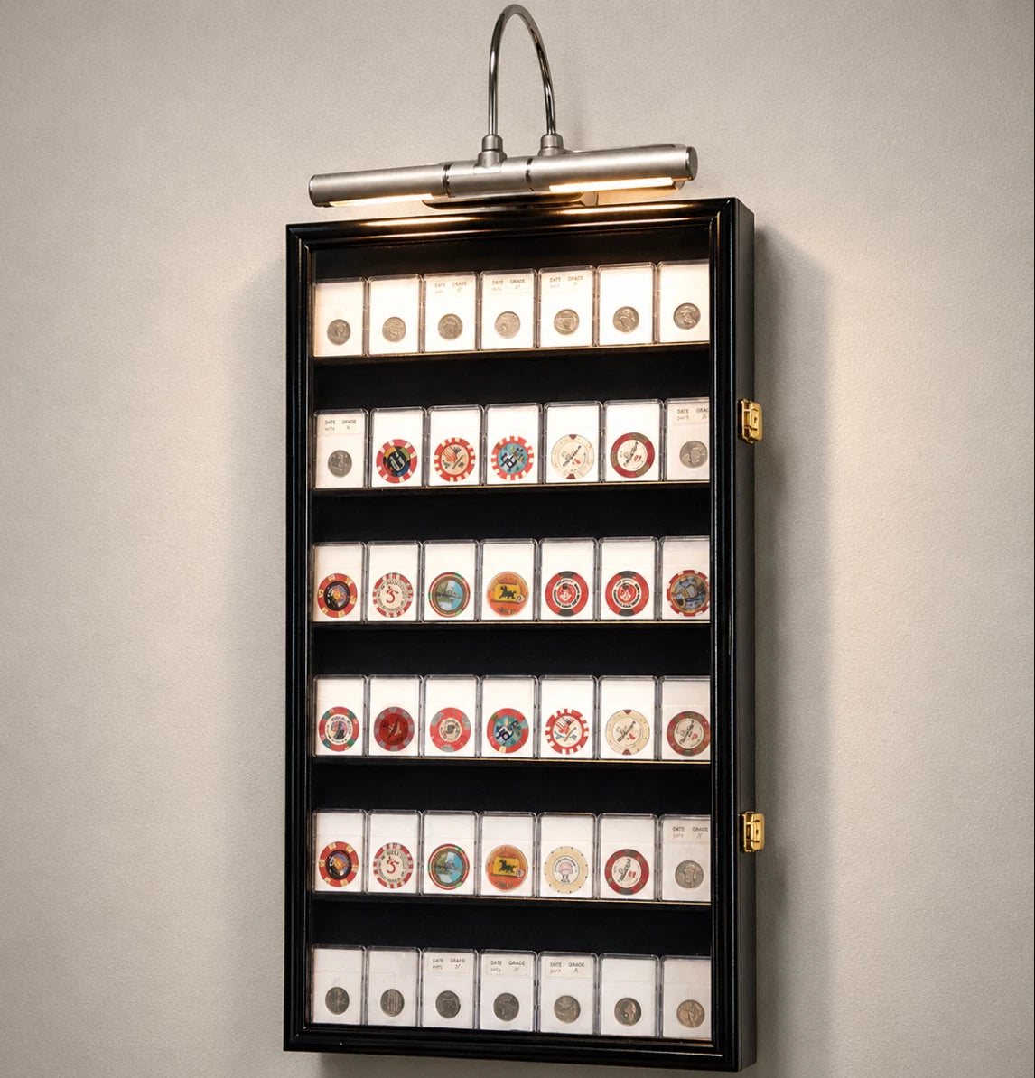Coin Slab Display Case Lighted NGC PCGS Black Wood Locking Collector Shadow Box