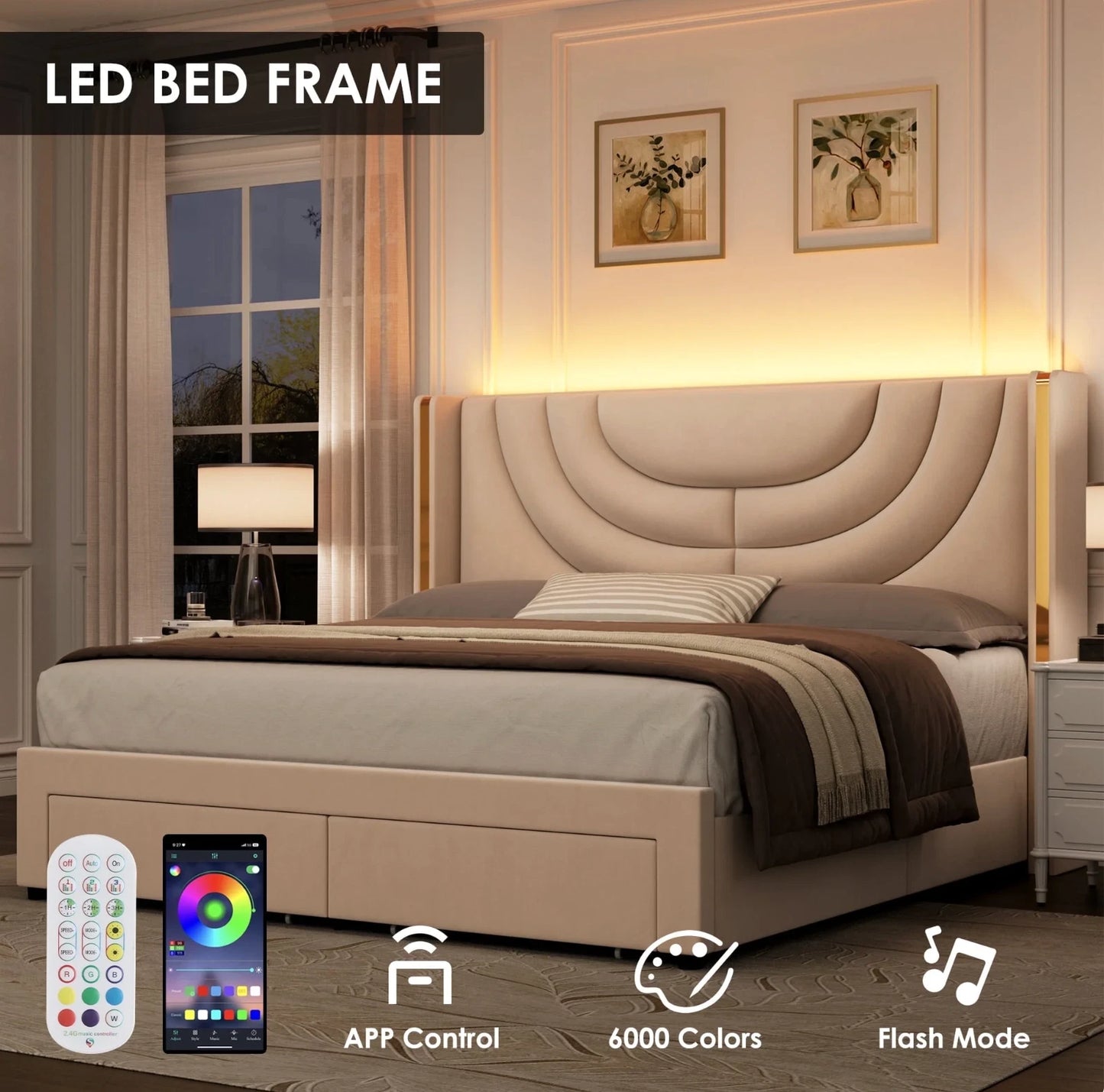 Marco De Cama Plataforma Tapizada en Terciopelo Cama King Size Cabecera LED
