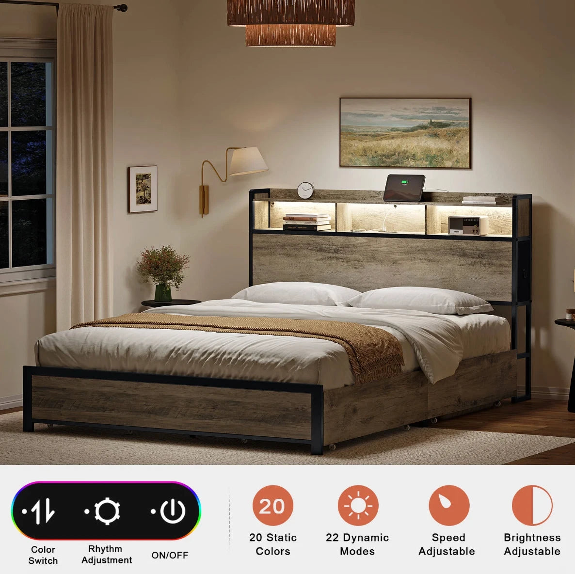 Marco De Cama Plataforma Con Cajones y Cabecera Con Almacenaje LED Luz Queen