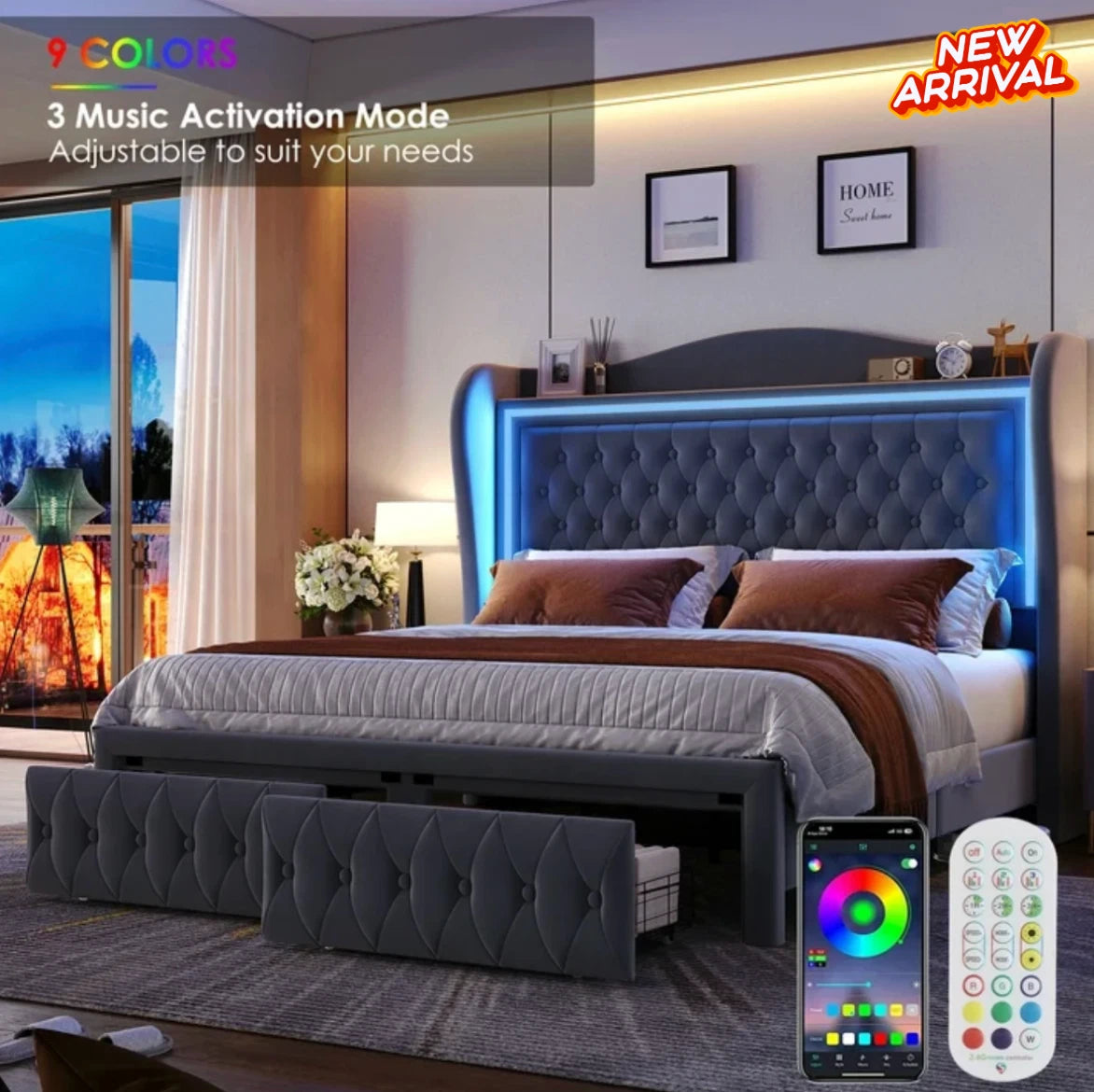 Marco De Cama Plataforma Con Almacenaje LED Luz Cabecera Queen Tapizada Velvet