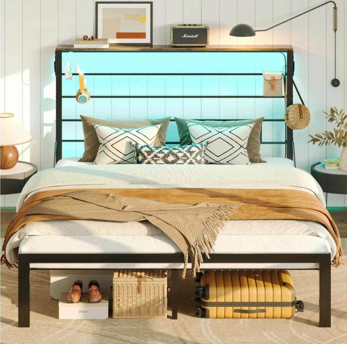 Marco De Cama Base Plataforma de Metal Cabecera LED Storage Habitacion FULL Size