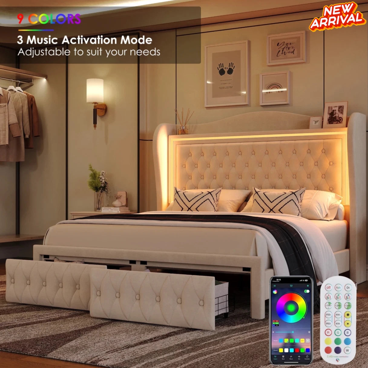 Marco De Cama Plataforma Con Almacenaje LED Luz Cabecera Tapizada Velvet Queen