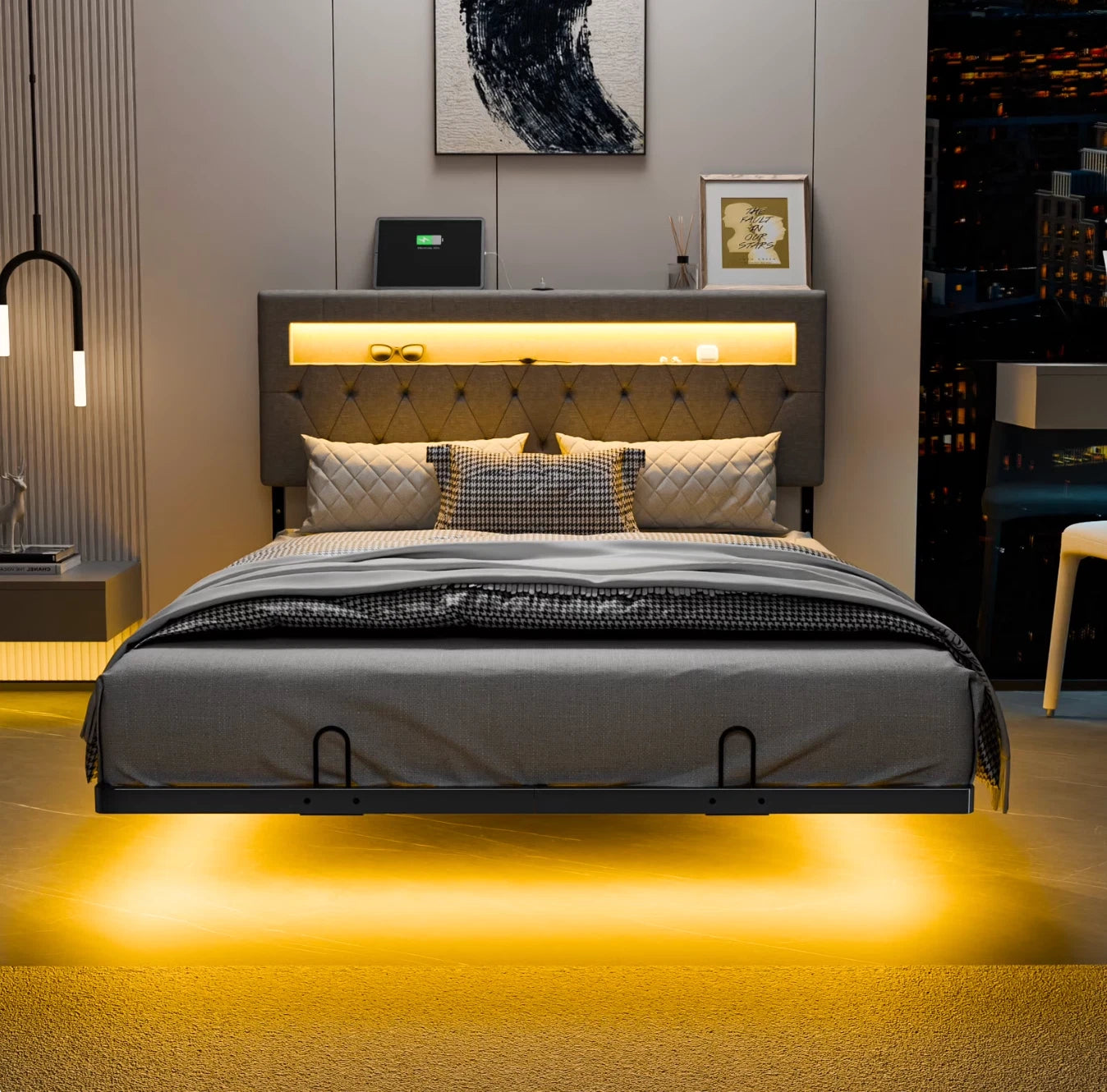 Full Floating Bed Frame w/ LED Cama Full con Plataforma Gris con Luz LED