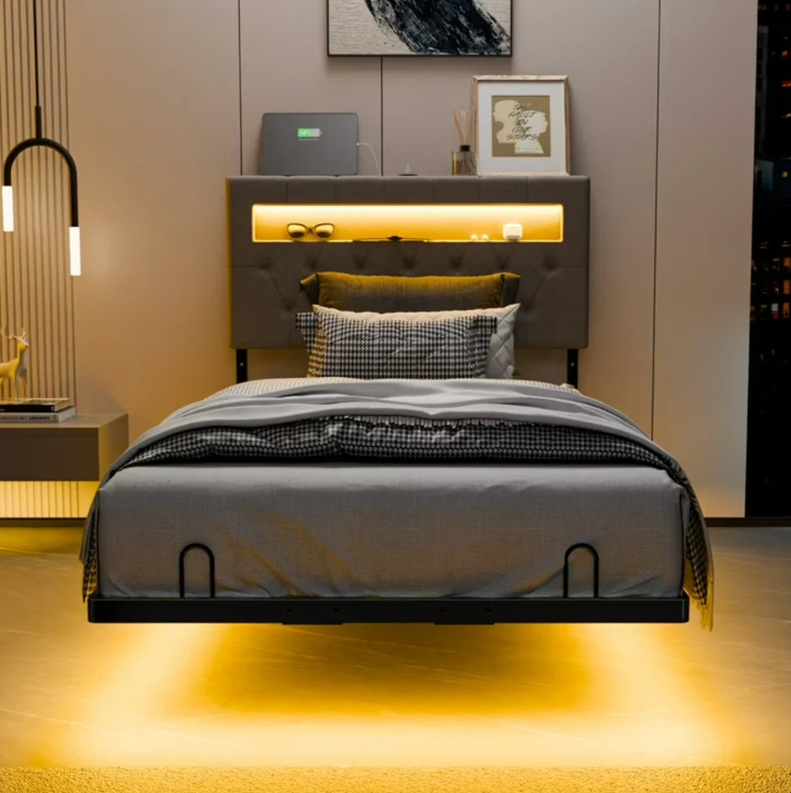 Twin Floating Bed Frame w/ LED Cama Twin con Luz LED Plataforma Gris NEW