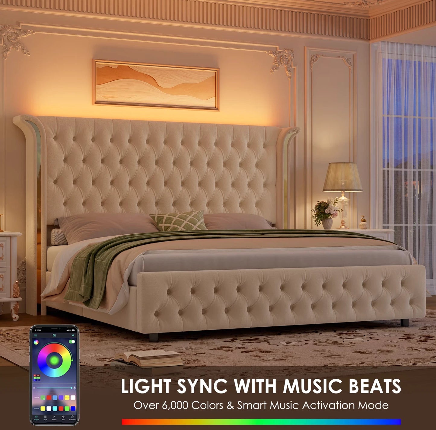 Marco De Cama King Size Plataforma Tapizada en Terciopelo Cama Cabecera LED
