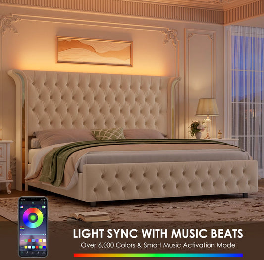Marco De Cama King Size Plataforma Tapizada en Terciopelo Cama Cabecera LED