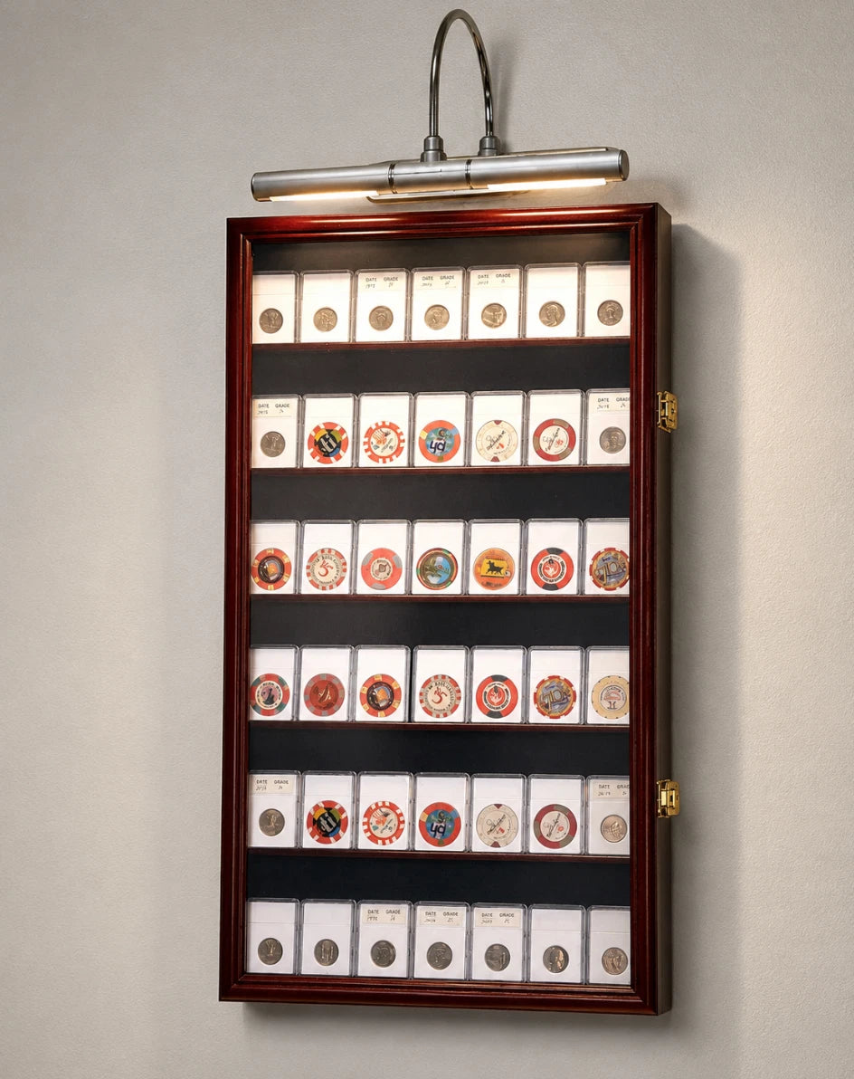 Coin Slab Display Case Lighted NGC PCGS Cherry Wood Locking Collector Shadow Box