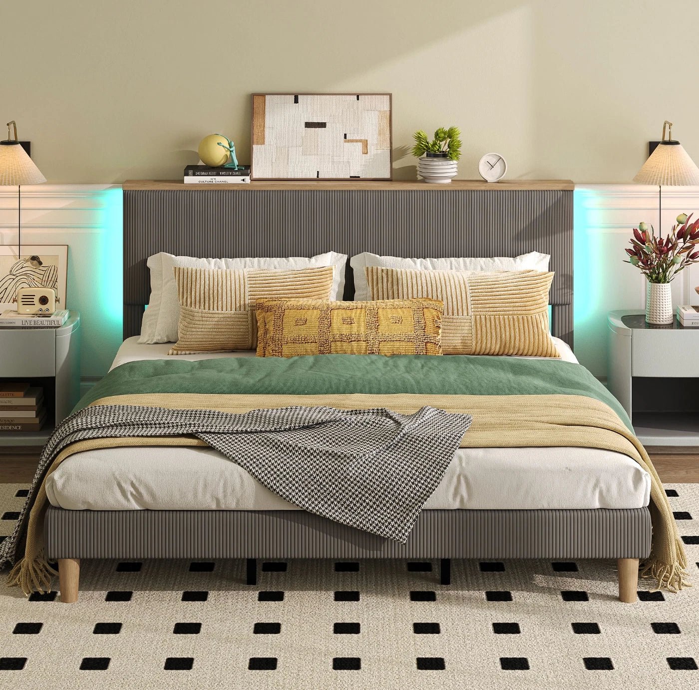 Cama King LED Tapizada Plataforma Storage Adjustable King Size Bed Frame
