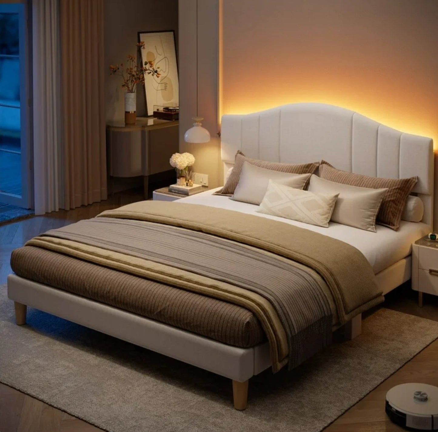 Marco De Cama Full Size Plataforma Tapizada en Terciopelo Cama Cabecera Beige