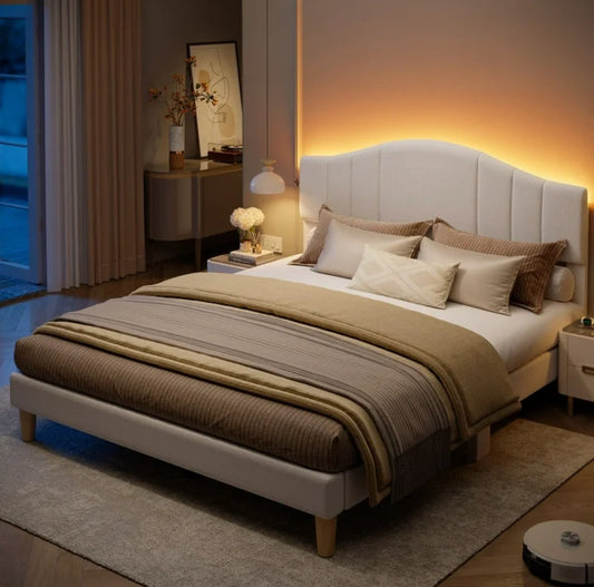 Marco De Cama Full Size Plataforma Tapizada en Terciopelo Cama Cabecera Beige