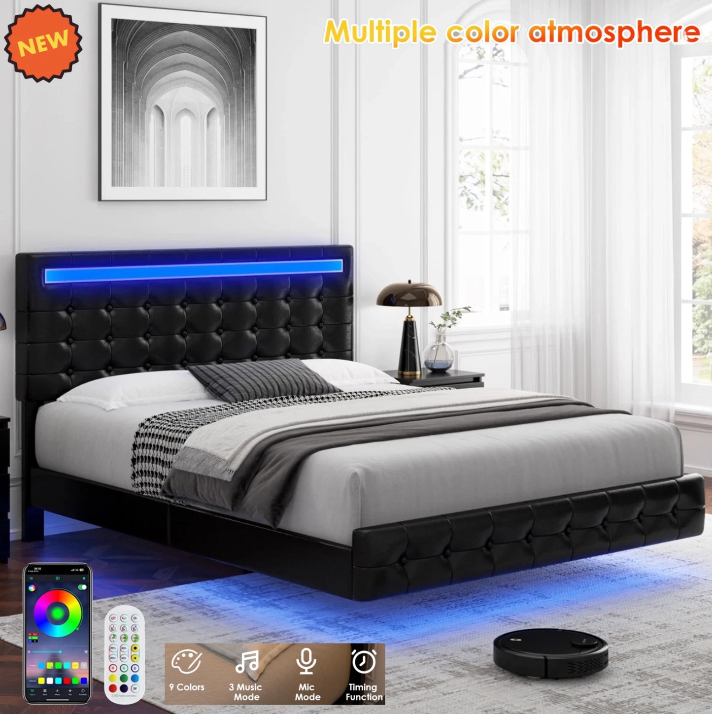 Marco De Cama Plataforma Tapizada en PU Piel Cama KING Size Cabecera LED Black