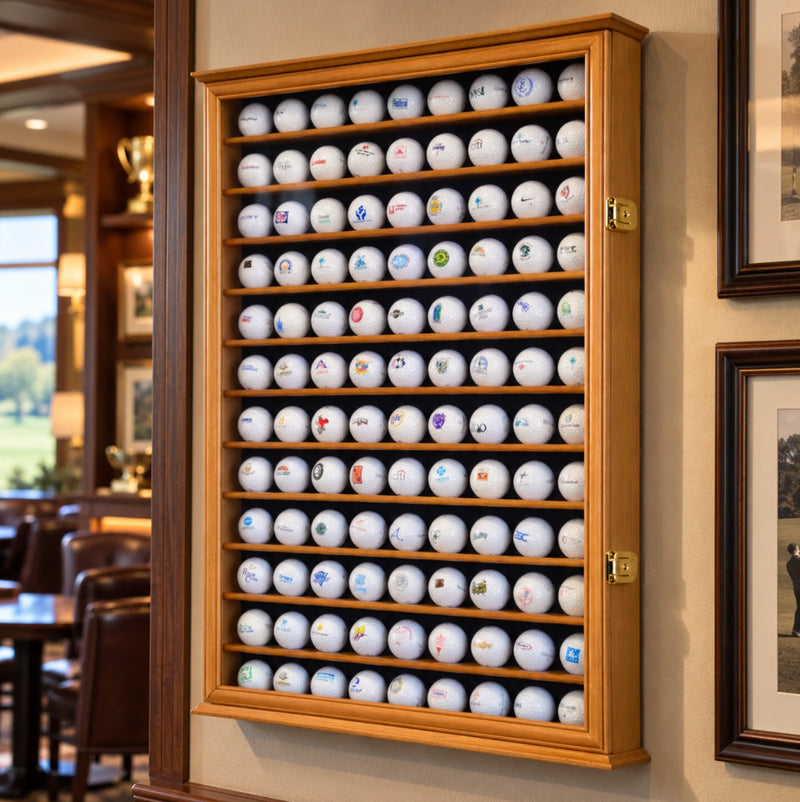 Golf Ball Display Case 108+ PGA Clubhouse Solid Wood Wall Cabinet Rack Lock Holder