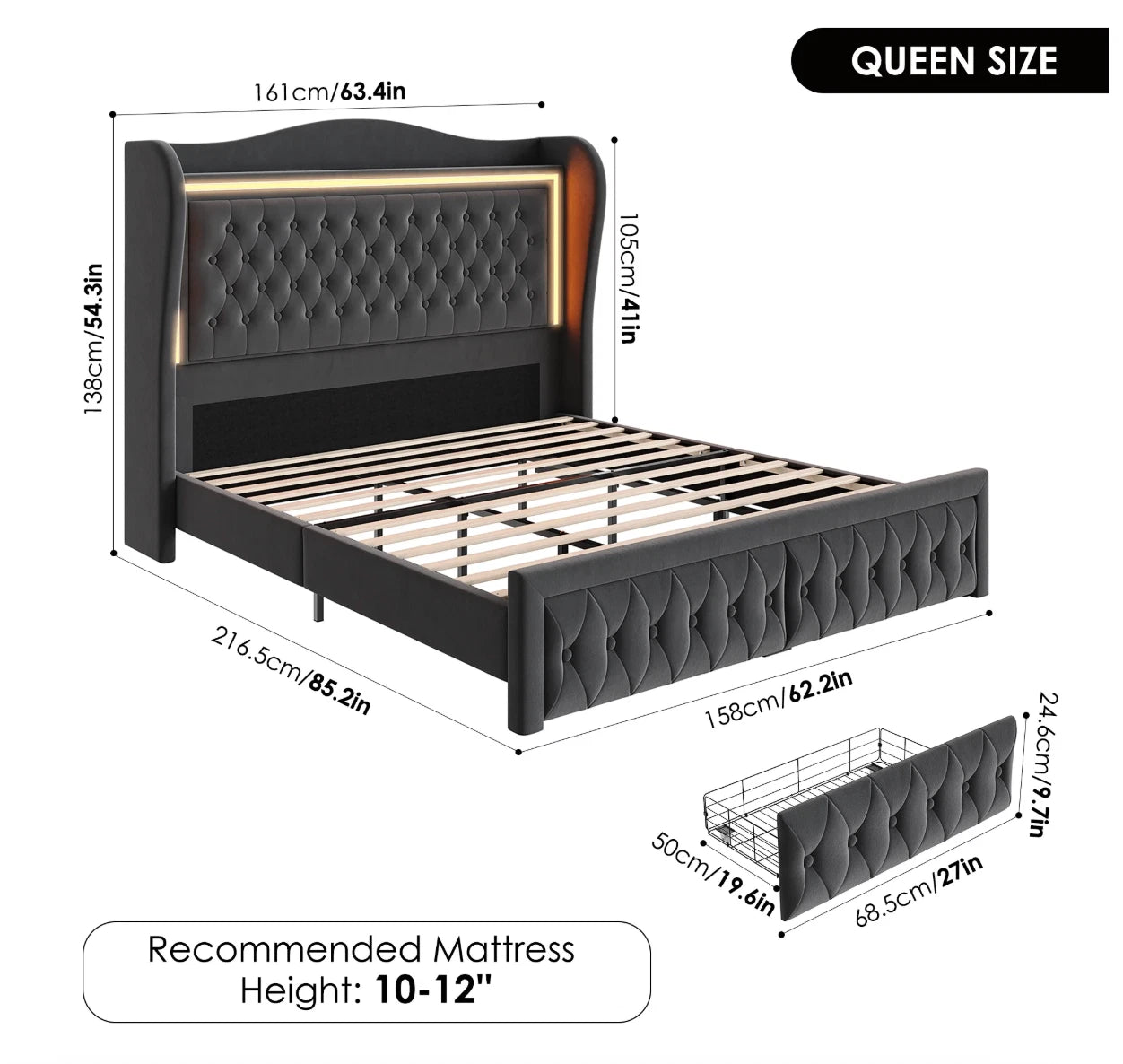 Marco De Cama Plataforma Con Almacenaje LED Luz Cabecera Queen Tapizada Velvet