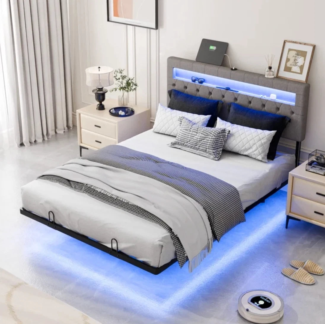 Full Floating Bed Frame w/ LED Cama Full con Plataforma Gris con Luz LED