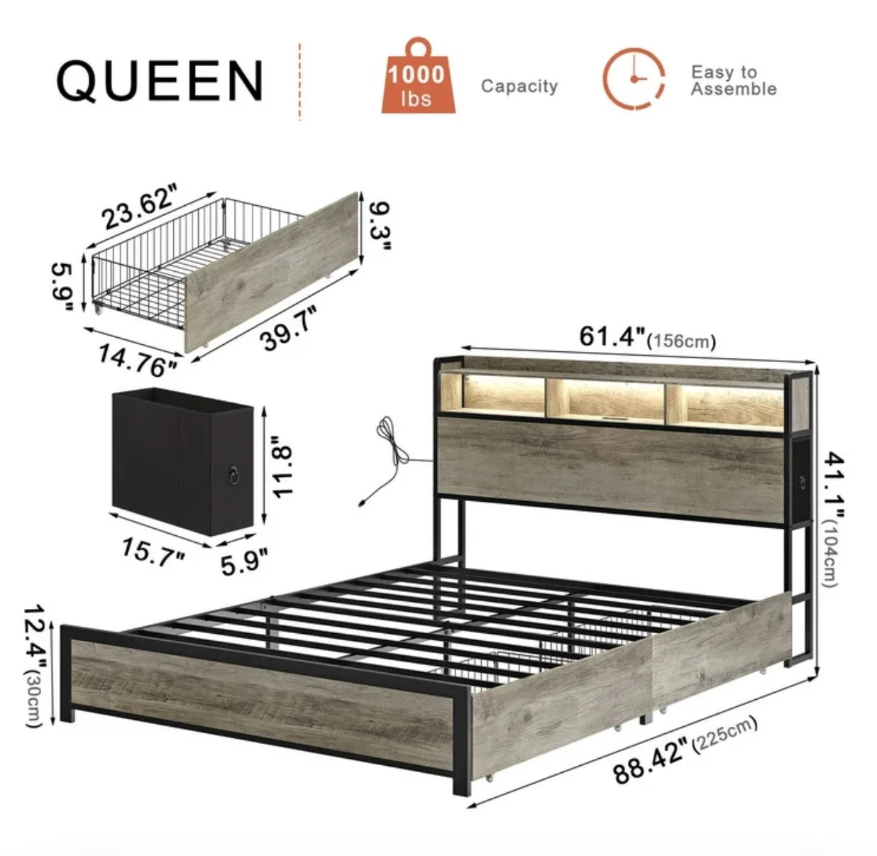Marco De Cama Plataforma Con Cajones y Cabecera Con Almacenaje LED Luz Queen
