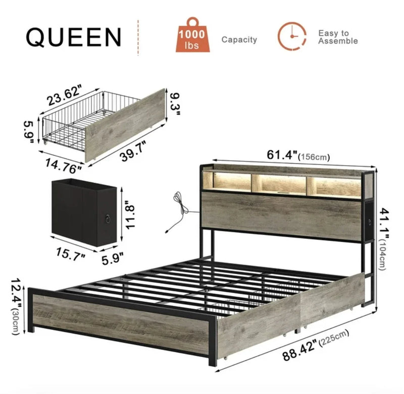 Marco De Cama Plataforma Con Cajones y Cabecera Con Almacenaje LED Luz Queen