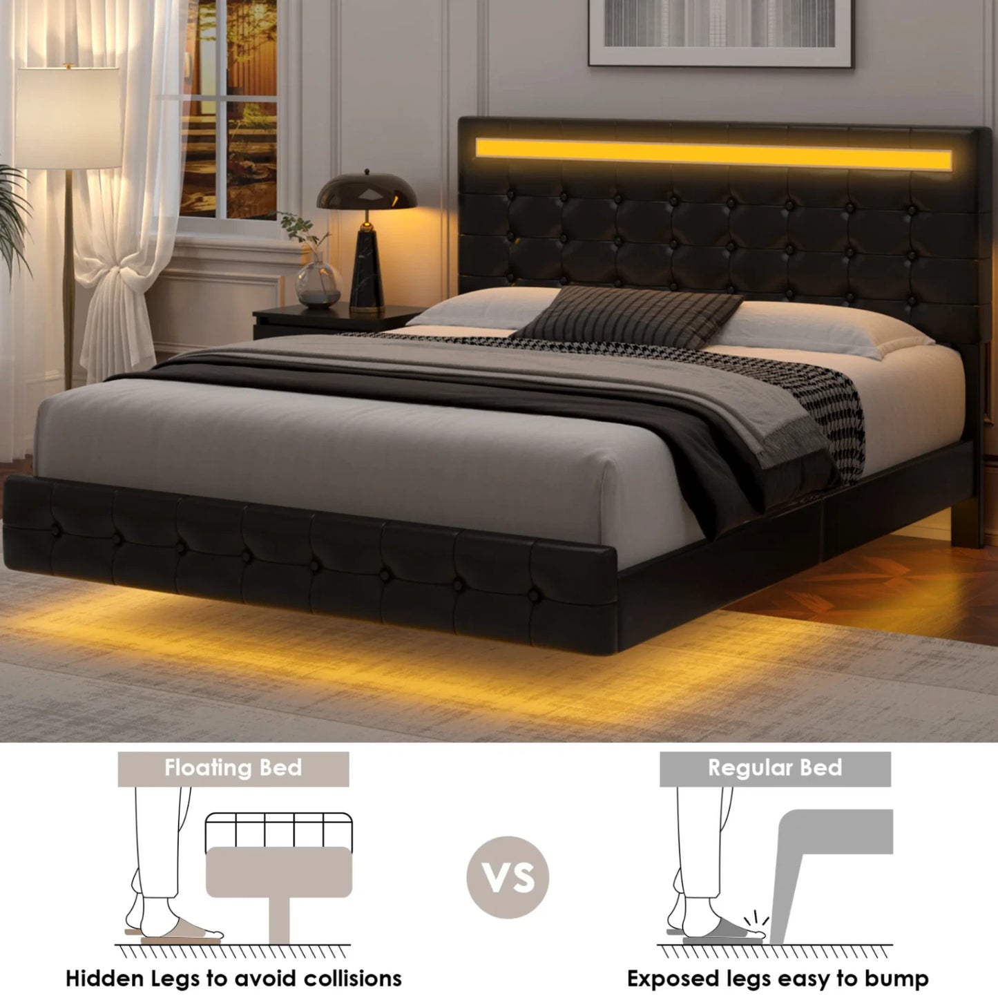 Marco De Cama Plataforma Tapizada en PU Piel Cama KING Size Cabecera LED Black